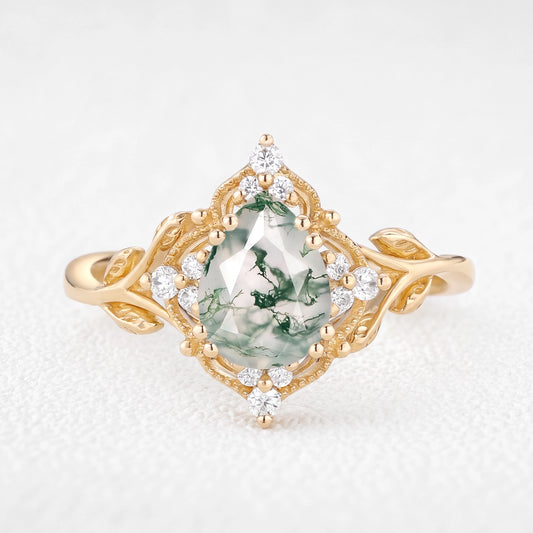 Pear Cut Moss Agate Leafy Vintage Engagement Ring