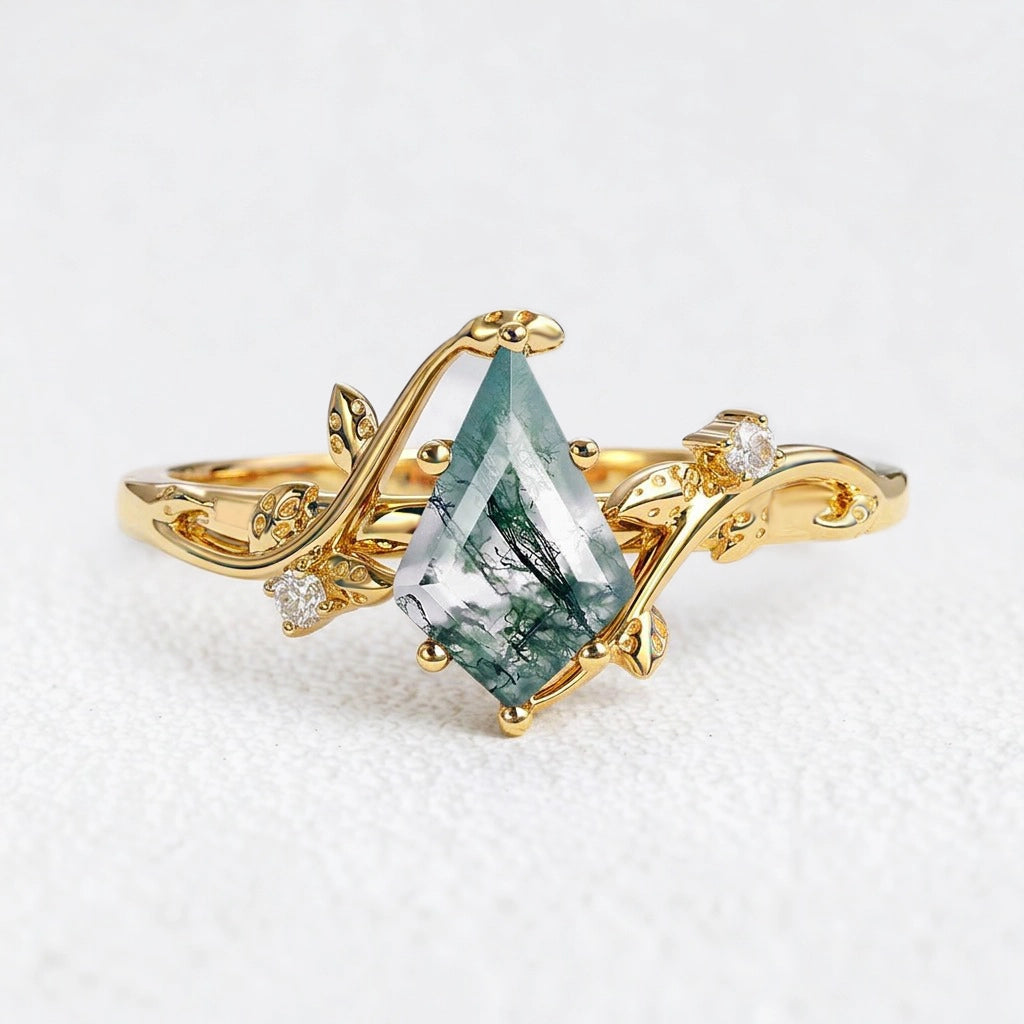 Hazel’s Whisper | Kite Cut Moss Agate Engagement Ring