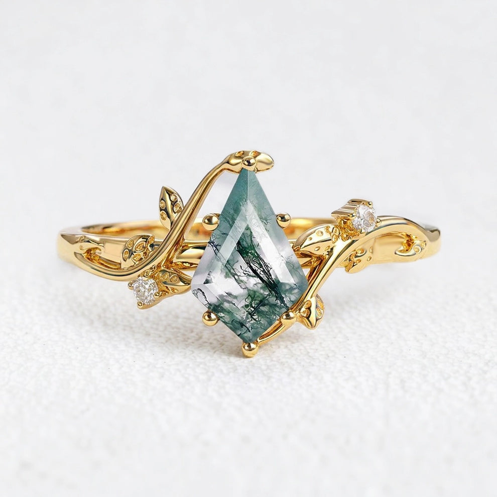 Hazel’s Whisper | Kite Cut Moss Agate Engagement Ring