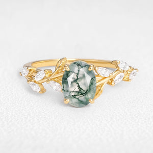 Celandine’s Tendril | Oval Cut Moss Agate Vine Engagement Ring