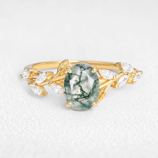 Celandine’s Tendril | Oval Cut Moss Agate Vine Engagement Ring