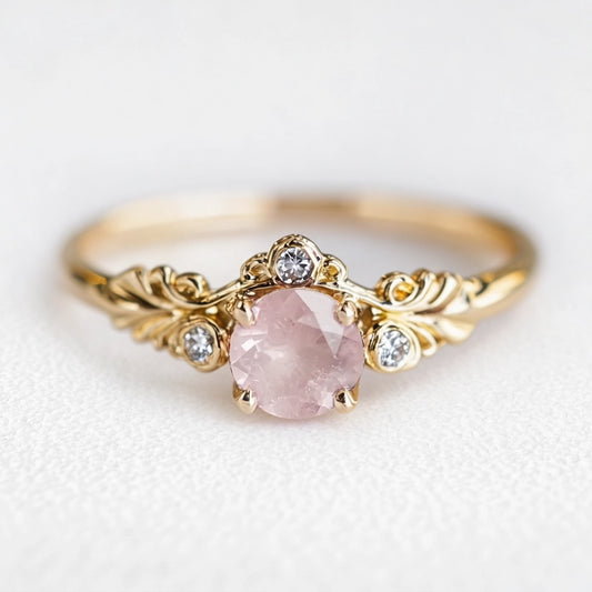 Aurelia’s Blossom | Round Rose Quartz Floral Halo Ring