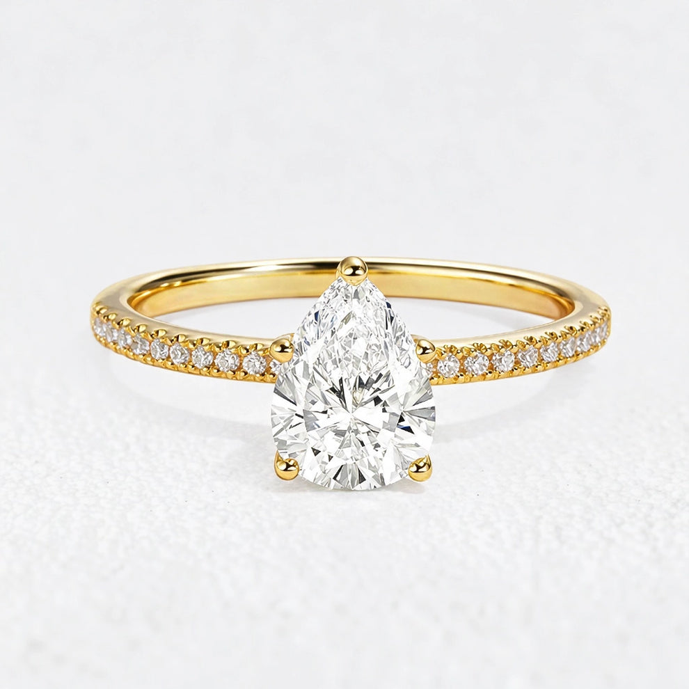 Lena’s Radiance | 1.5CT Pear Diamond Pavé Solitaire Engagement Ring