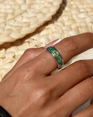 Minimalist Classic Moss Agate Band Ring in Sterling Silver