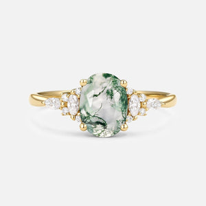 Sylvie’s Dew | Classic Oval Moss Agate Engagement Ring with Diamond Accents.