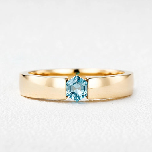 Oceanus’ Deep | Hexagon Aquamarine Tension Set Men‘s Band