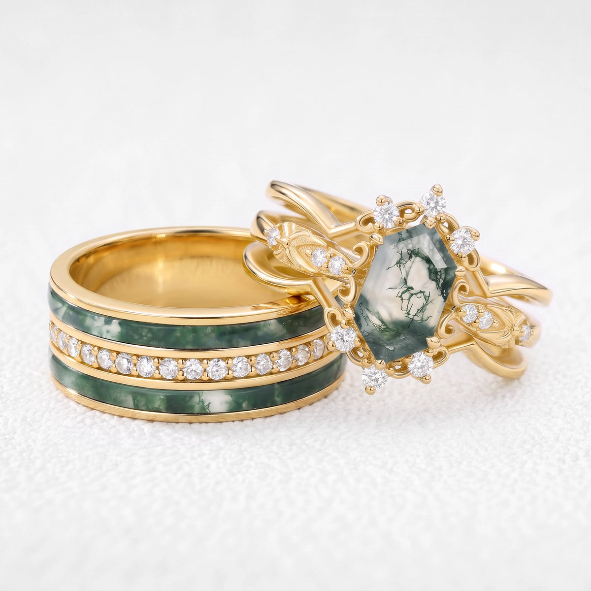 Isolde’s Enclave  | Vintage Long Hexagon Moss Agate & Moissanite Couple Ring Set 3pcs