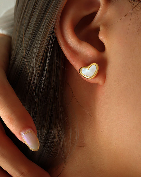 Minimalist Gold Heart Stud Earrings with Mother of Pearl