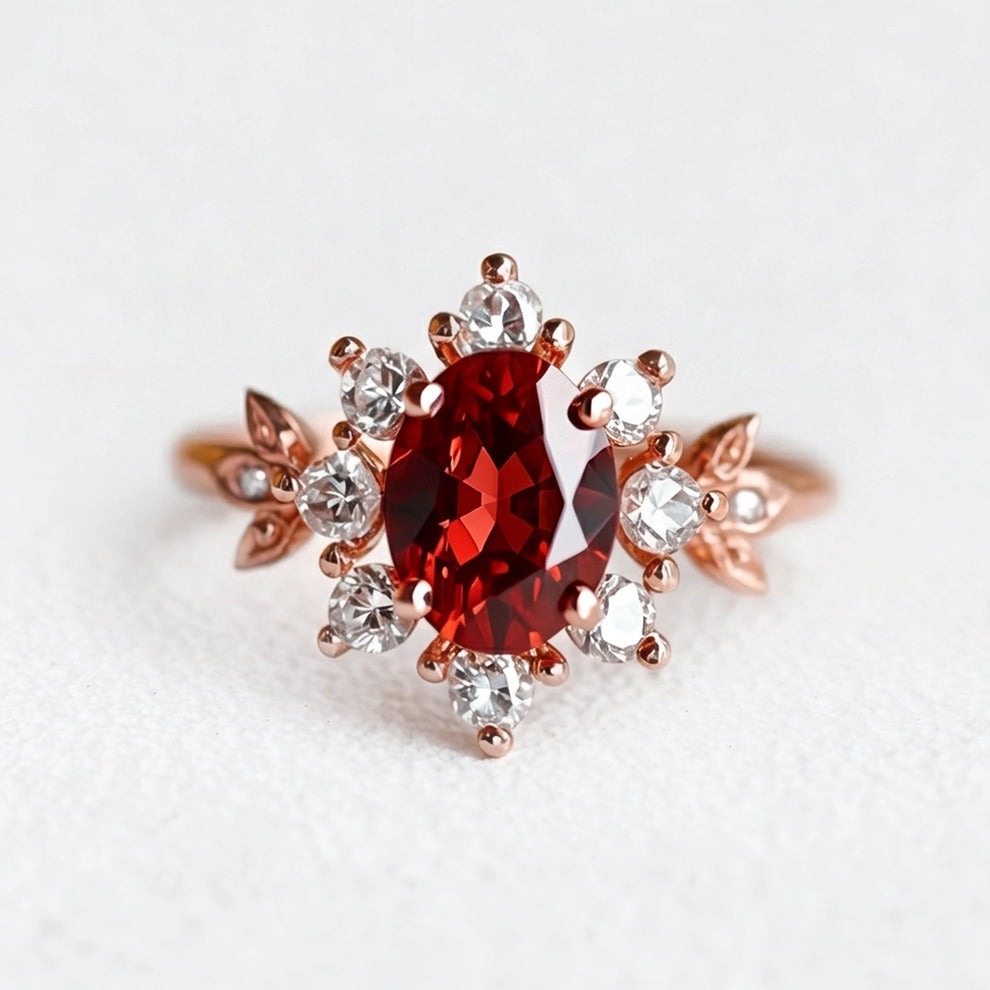 Golden Tudor Bloom | Antique Oval Garnet Engagement Ring.