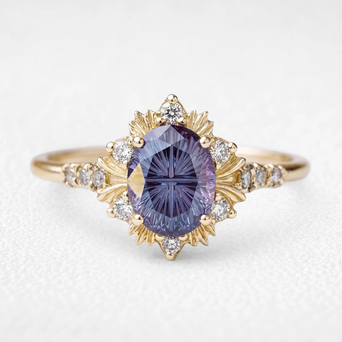 Rosalind’s Aurora | 1CT Fantasy-Cut Oval Alexandrite Halo Engagement Ring