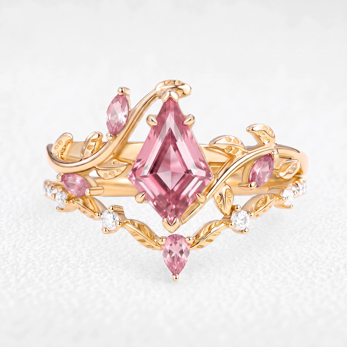 Isolde's Bloom | Kite Cut Pink Sapphire Foliage Bridal Duo