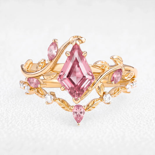 Isolde's Bloom | Kite Cut Pink Sapphire Foliage Bridal Duo