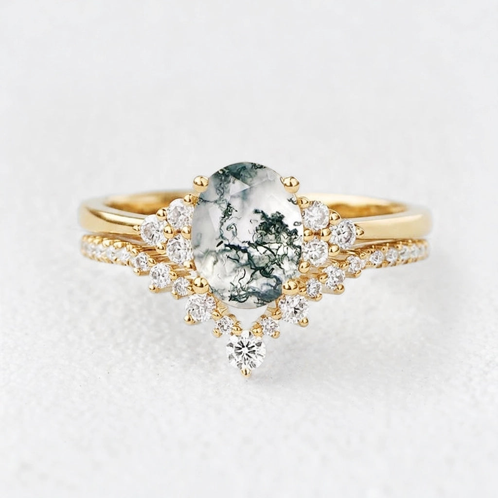 Classic 2.0ct Moss Agate Oval Ring Set 2pcs.