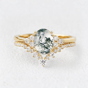 Classic 2.0ct Moss Agate Oval Ring Set 2pcs.