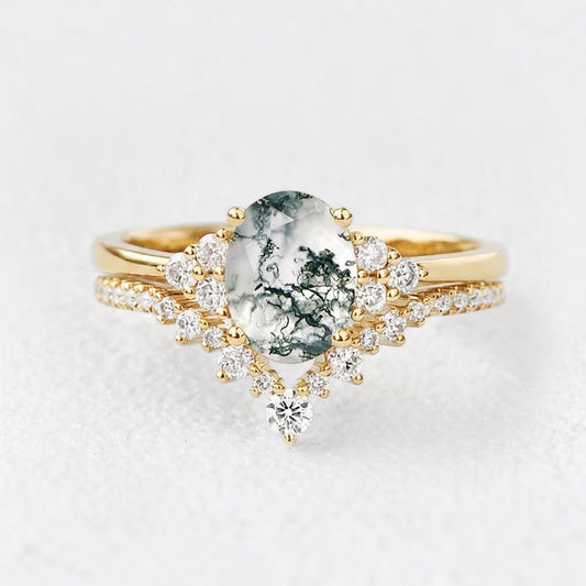 Classic 2.0ct Moss Agate Oval Ring Set 2pcs.
