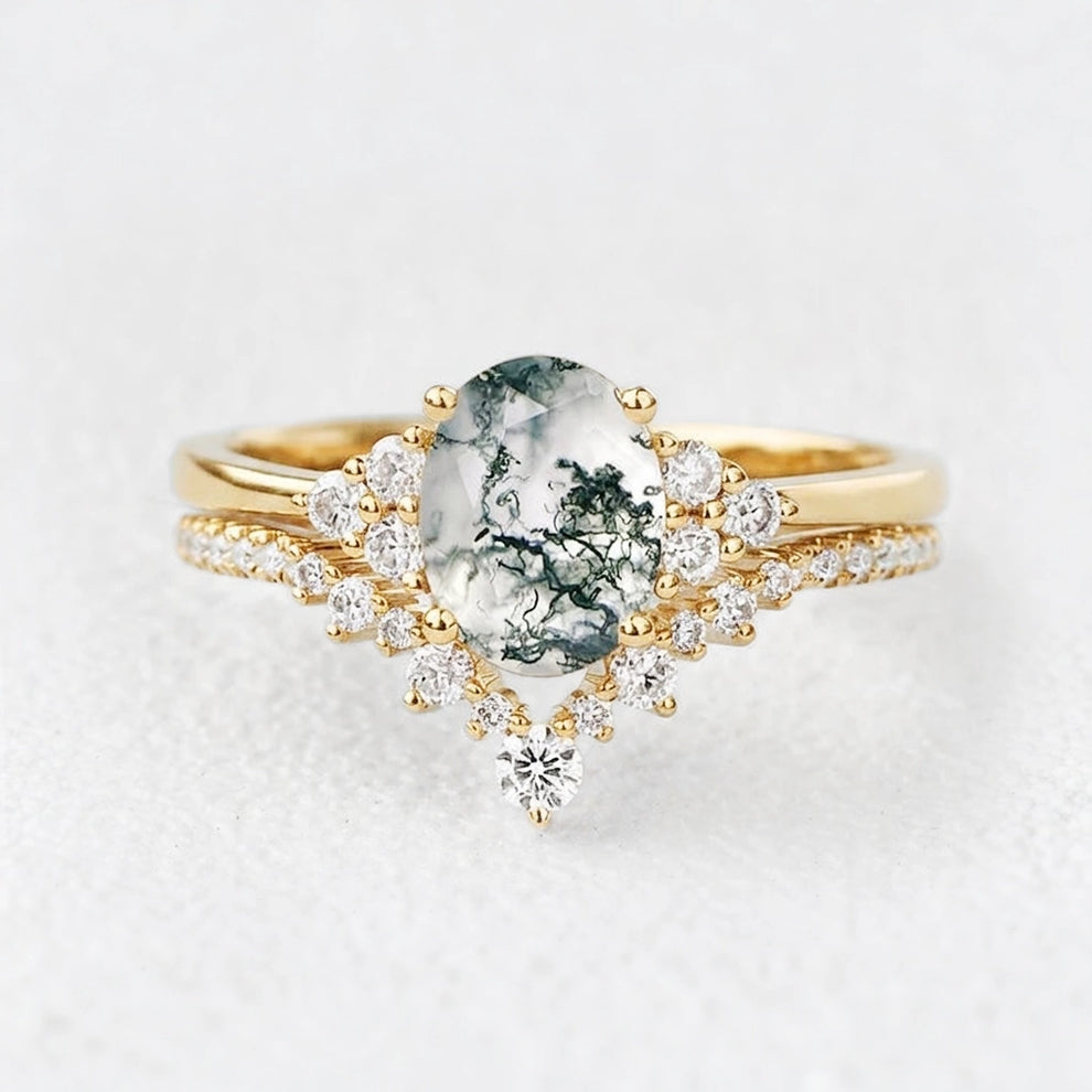 Classic 2.0ct Moss Agate Oval Ring Set 2pcs.