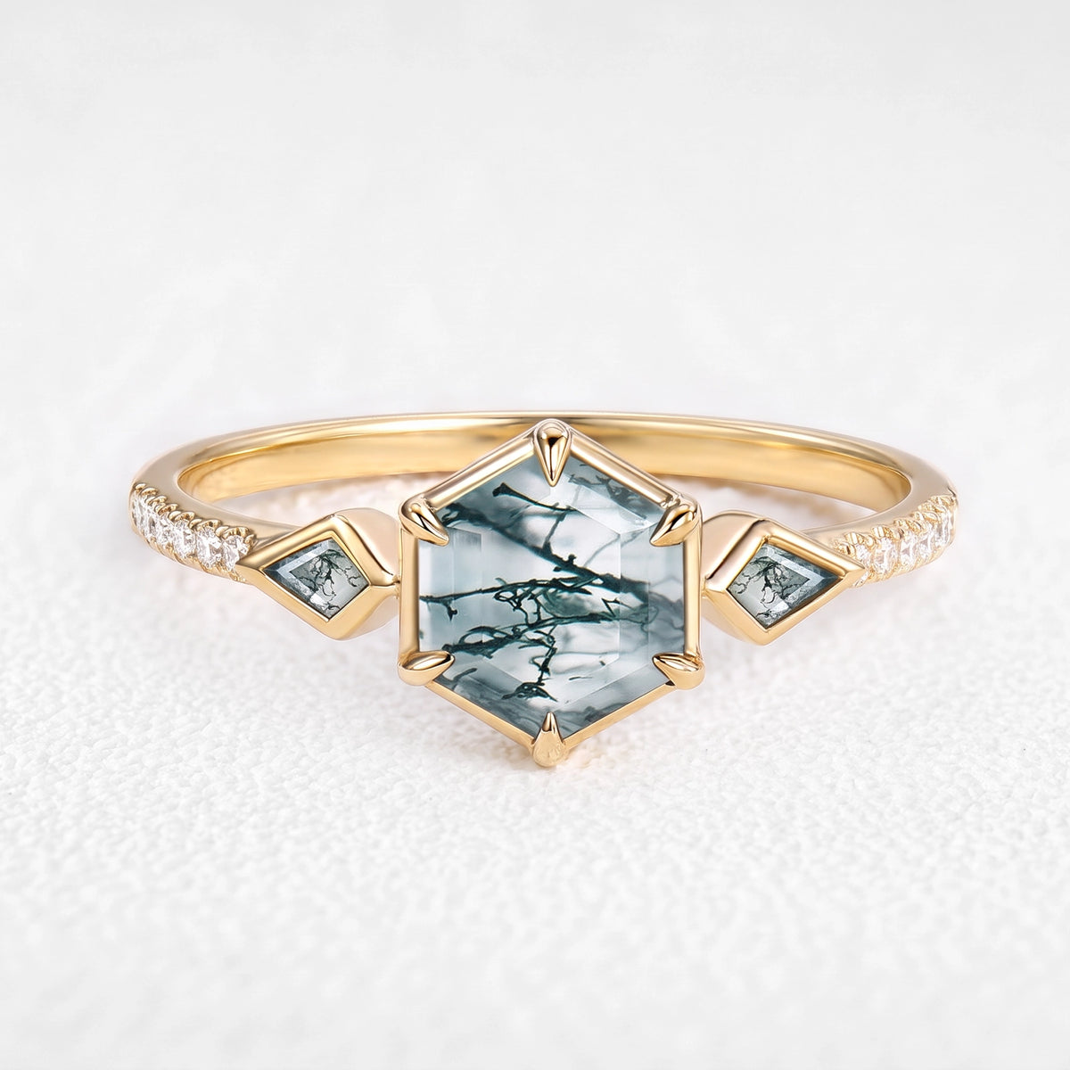 Beatrice‘s Hive | Hexagon Cut Moss Agate Bezel Engagement Ring