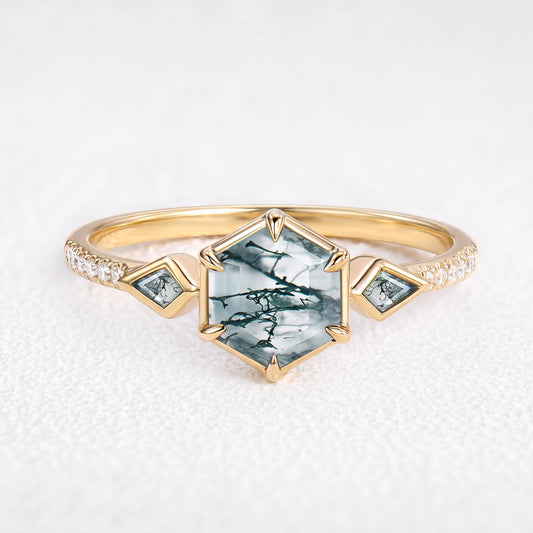 Beatrice‘s Hive | Hexagon Cut Moss Agate Bezel Engagement Ring