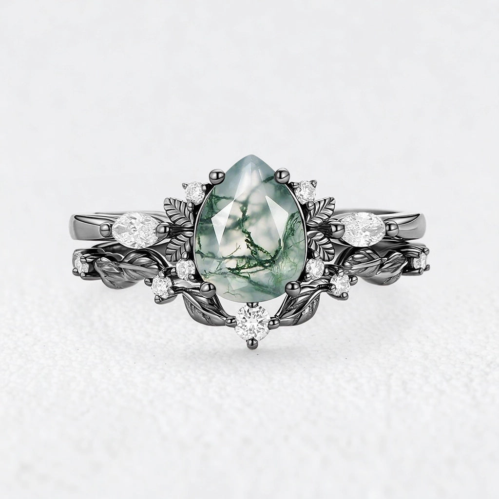 Aurora’s Fairy Bower | Pear Shaped Moss Agate Leafy Bridal Set 2pcs