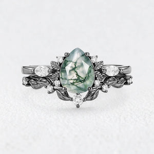 Aurora’s Fairy Bower | Pear Shaped Moss Agate Leafy Bridal Set 2pcs