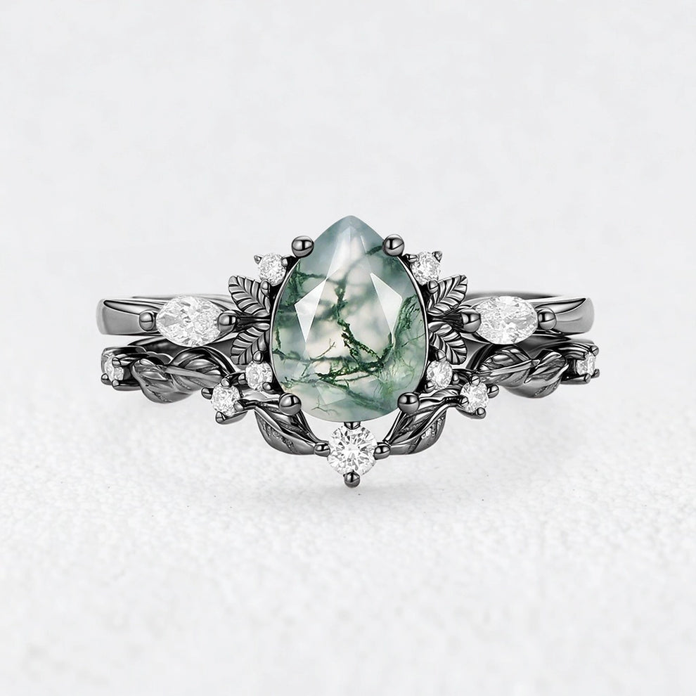 Aurora’s Fairy Bower | Pear Shaped Moss Agate Leafy Bridal Set 2pcs
