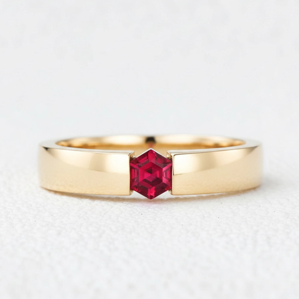 Ruben’s Hexagon | Ruby Tension Set Men's Wedding Band.