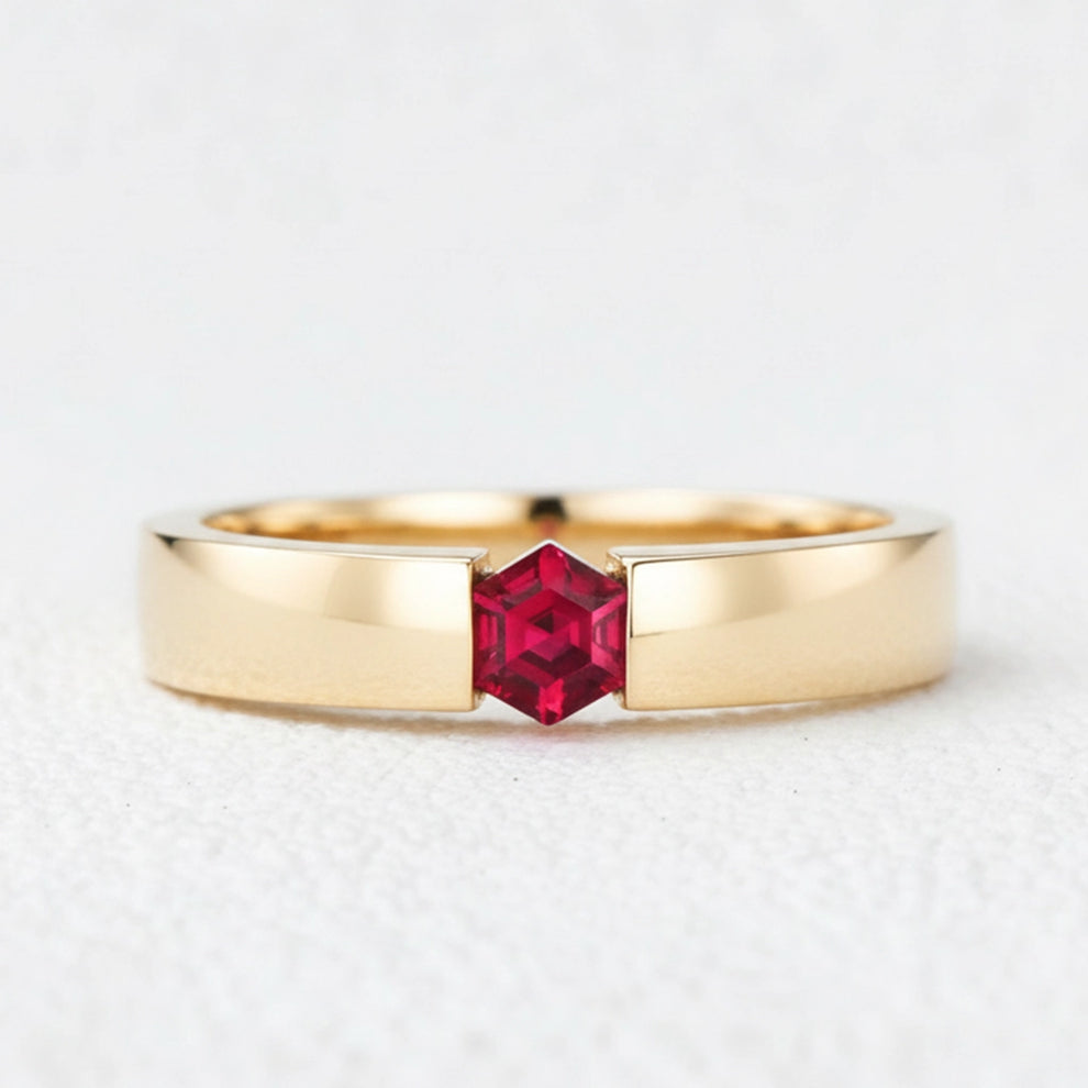 Ruben’s Hexagon | Ruby Tension Set Men's Wedding Band.