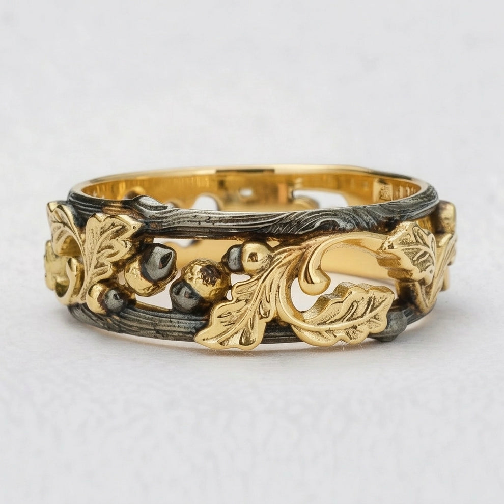 The Dark Grove | An Openwork Wide Band of Oak & Acorn.