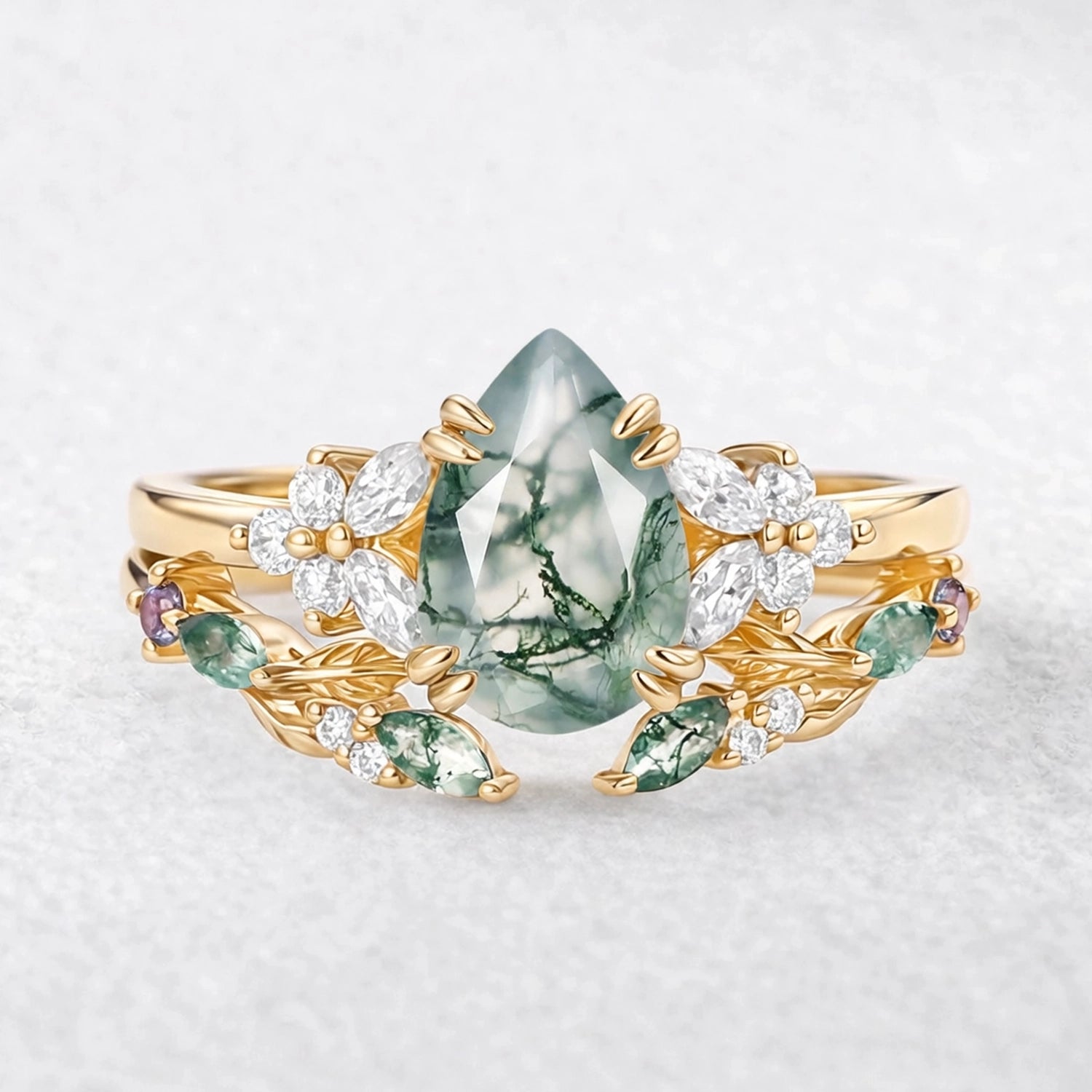 Chloris Pear Shaped Moss Agate Leafy Chevron Gold Ring Set 2pcs.