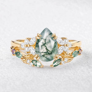 Chloris Pear Shaped Moss Agate Leafy Chevron Gold Ring Set 2pcs.