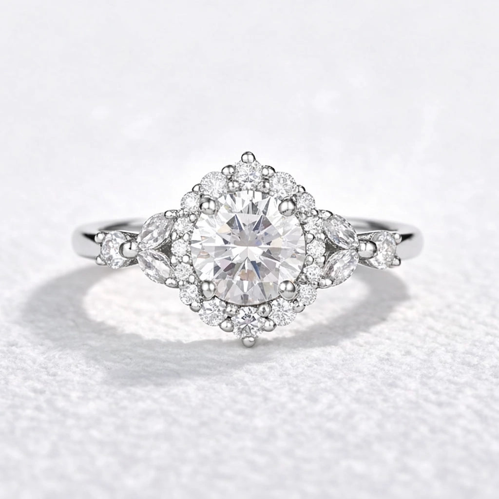 Aurora’s Radiance | Vintage Round Diamond Halo Engagement Ring.