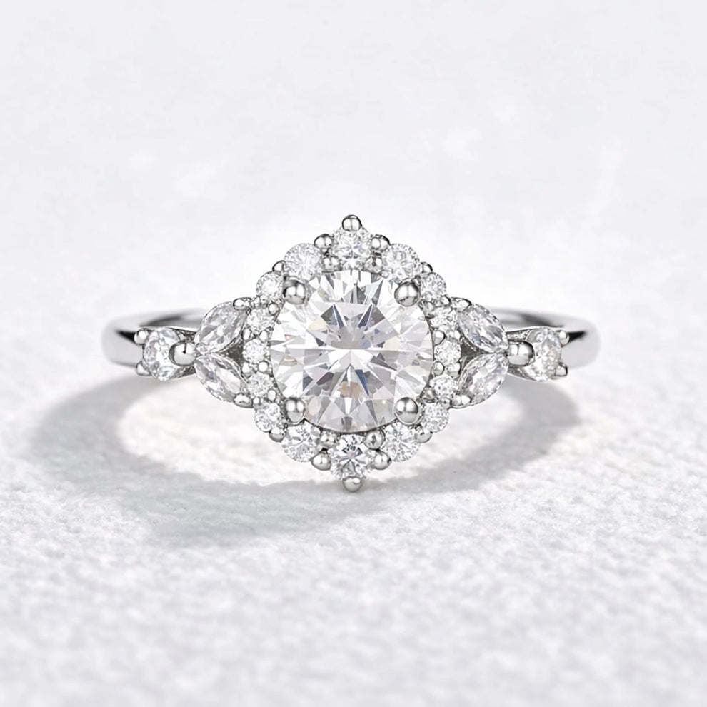 Aurora’s Radiance | Vintage Round Diamond Halo Engagement Ring.