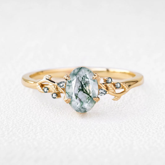 Celandine’s Twine | Oval Cut Moss Agate Foliage Engagement Ring