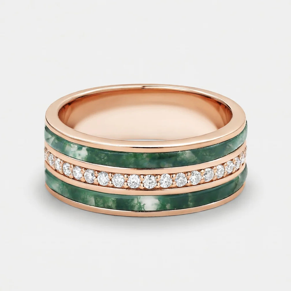 Isolde’s Enclave  | Vintage Long Hexagon Moss Agate & Moissanite Couple Ring Set 3pcs.