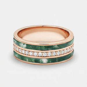 Isolde’s Enclave  | Vintage Long Hexagon Moss Agate & Moissanite Couple Ring Set 3pcs.