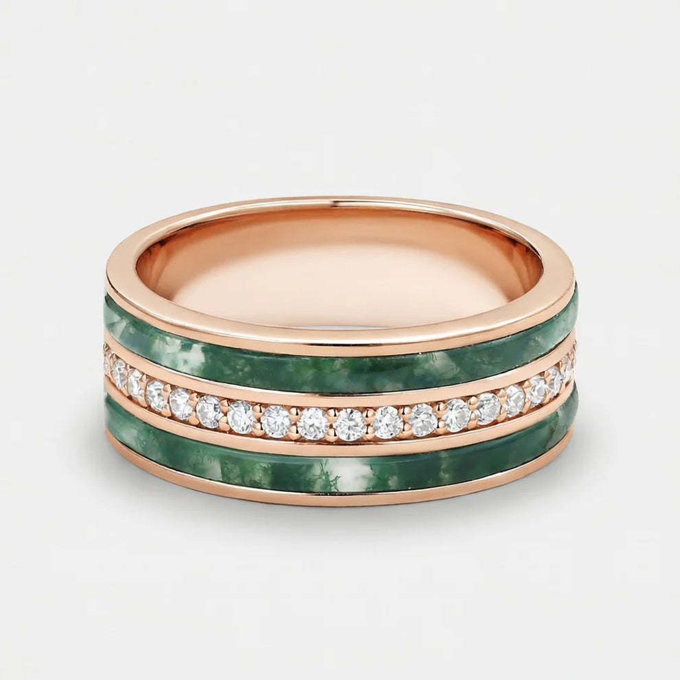 Isolde’s Enclave  | Vintage Long Hexagon Moss Agate & Moissanite Couple Ring Set 3pcs.
