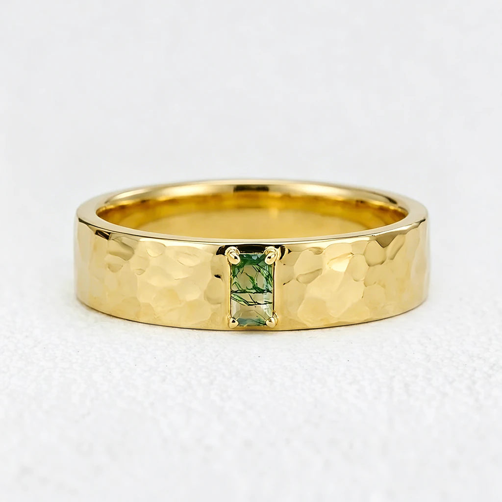 Marcus’s Keystone | Hammered Moss Agate Men’s Wedding Band