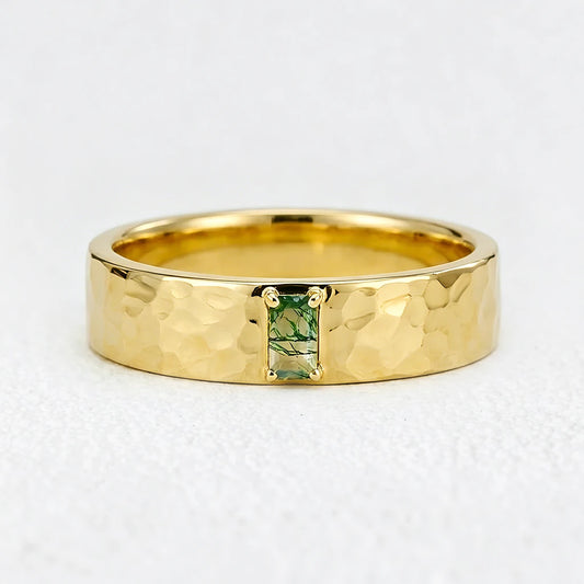 The Retro Keystone | 5MM Hammered Moss Agate Men’s Wedding Band