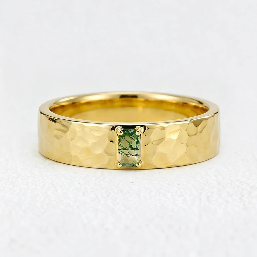 Marcus’s Keystone | Hammered Moss Agate Men’s Wedding Band