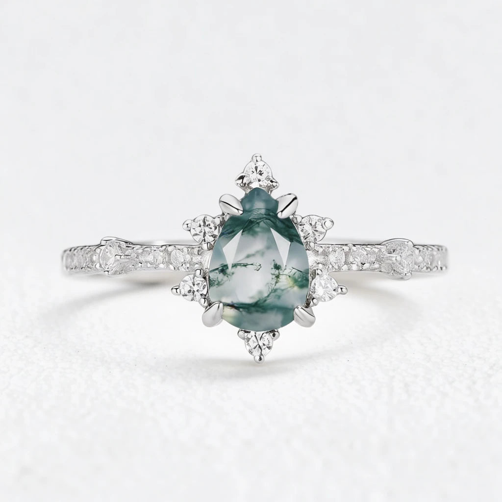 Genevieve’s Cluster | Pear Cut Moss Agate Engagement Ring