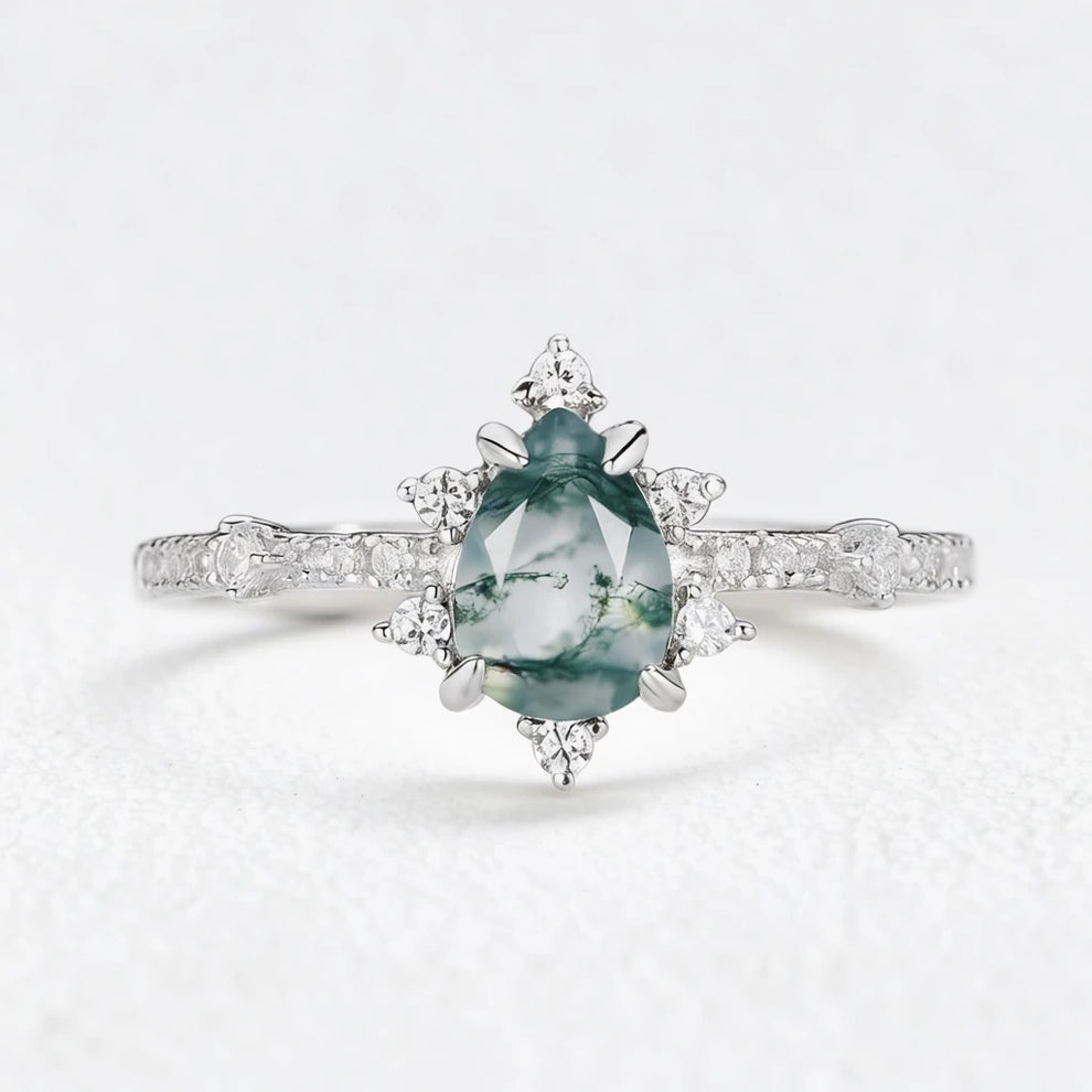 Genevieve’s Cluster | Pear Cut Moss Agate Engagement Ring