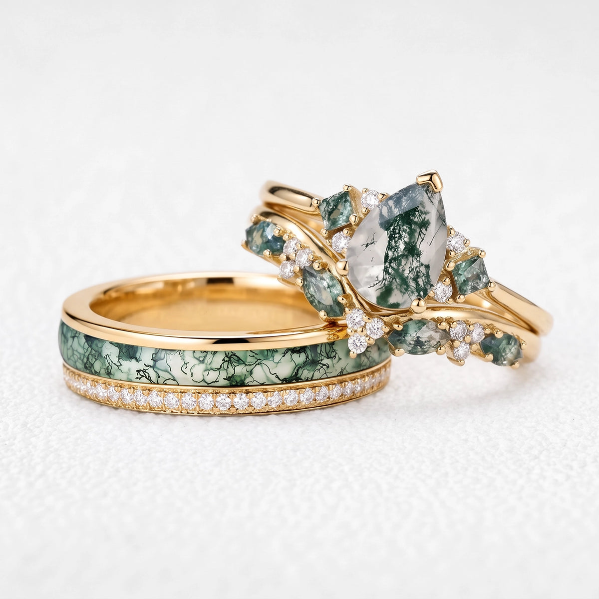 Sylvie’s Confluence | Pear Moss Agate Bridal Set & Full-Bezel Moss Agate & Diamond Band Couple Ring Set 3pcs