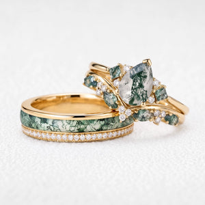 Sylvie’s Confluence | Pear Moss Agate Bridal Set & Full-Bezel Moss Agate & Diamond Band Couple Ring Set 3pcs