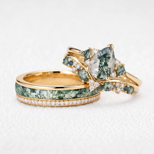 Sylvie’s Confluence | Pear Moss Agate Bridal Set & Full-Bezel Moss Agate & Diamond Band Couple Ring Set 3pcs