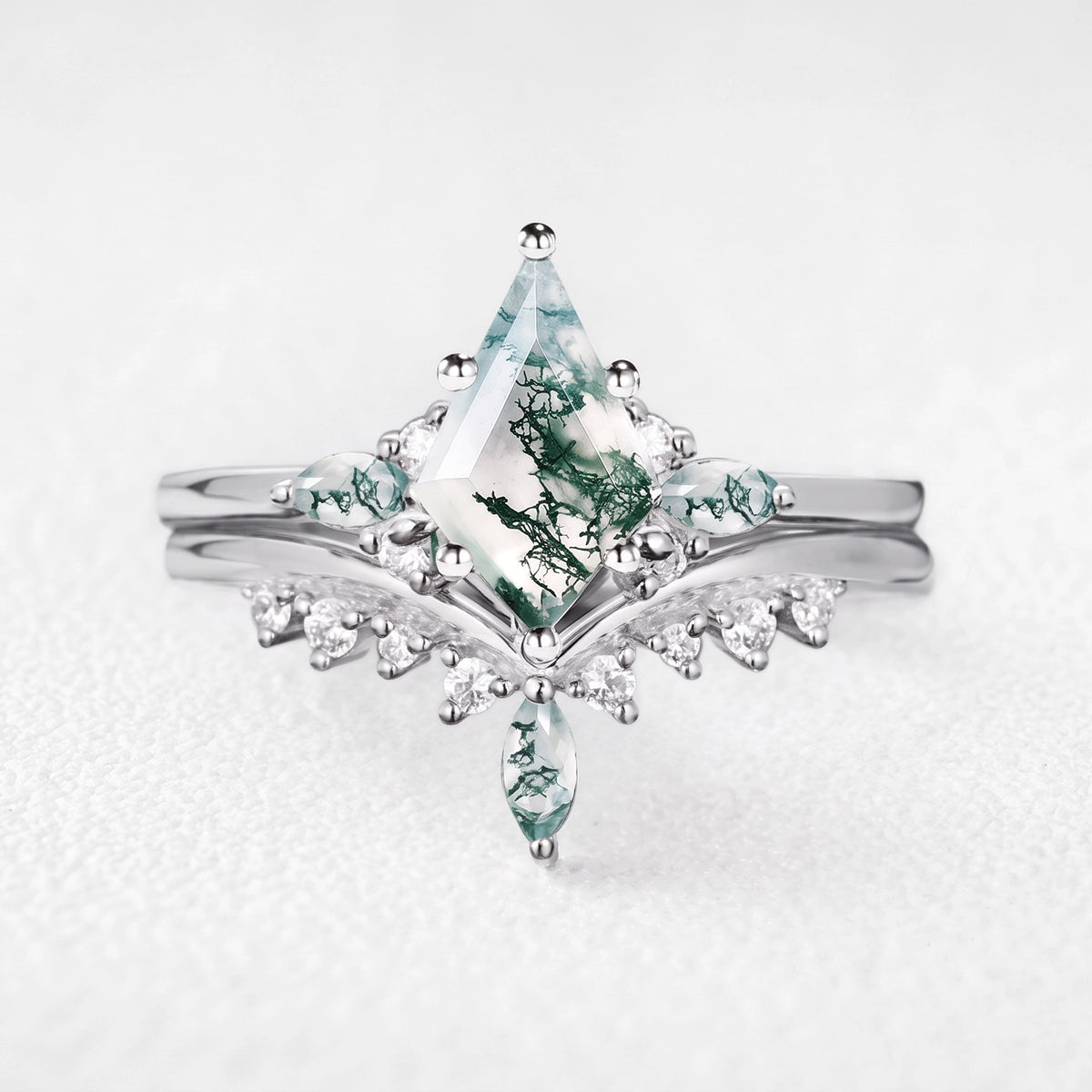 Cordelia’s Bower | Kite Cut Moss Agate Cluster Chevron Bridal Duo
