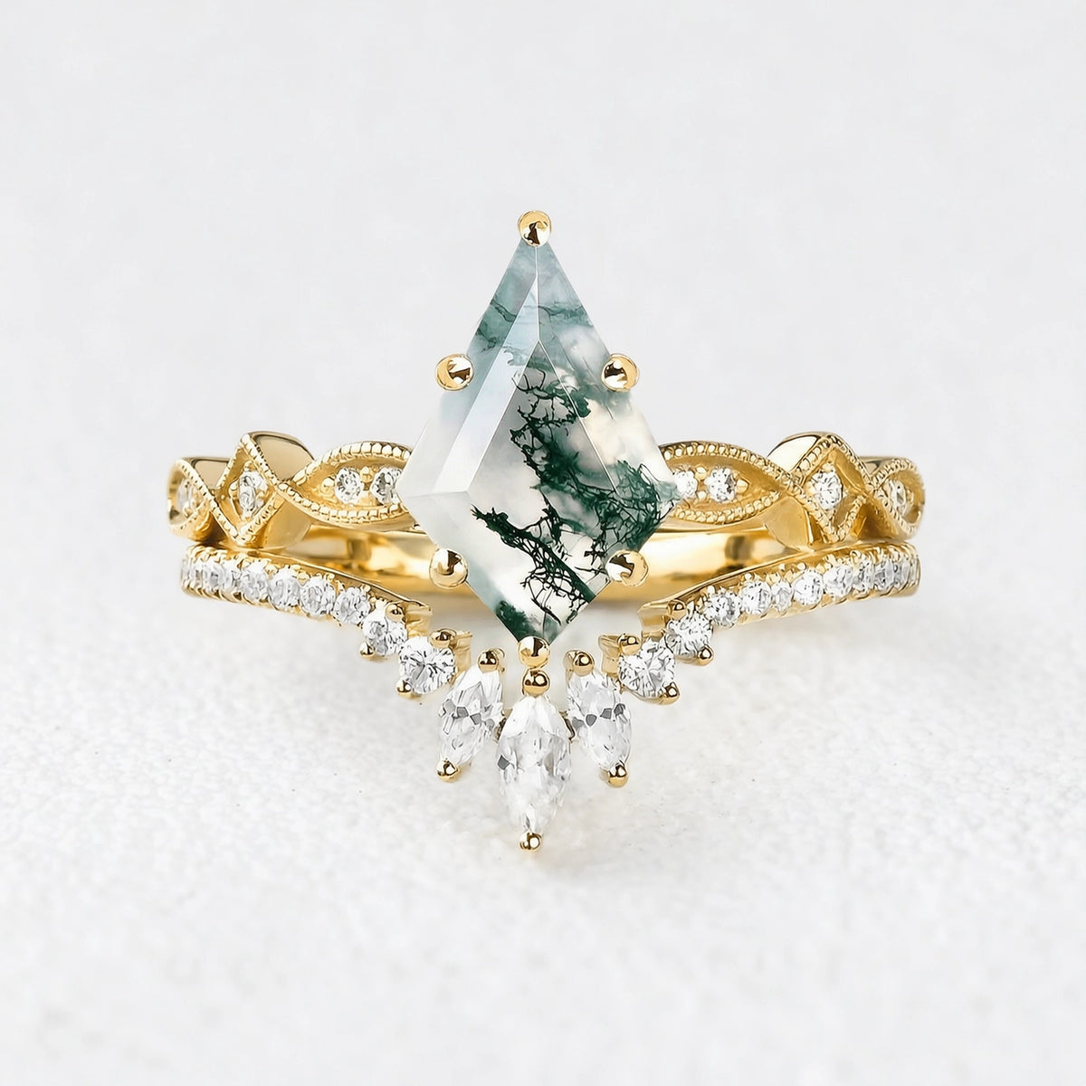 Sylvia‘s Glade | Kite Cut Moss Agate Chevron Bridal Duo