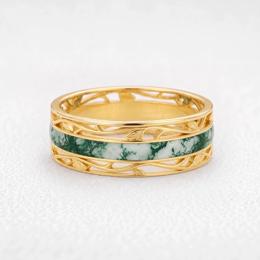 Apollo’s Laurel | 8MM Moss Agate Men’s Ring with Openwork Leaf Sides