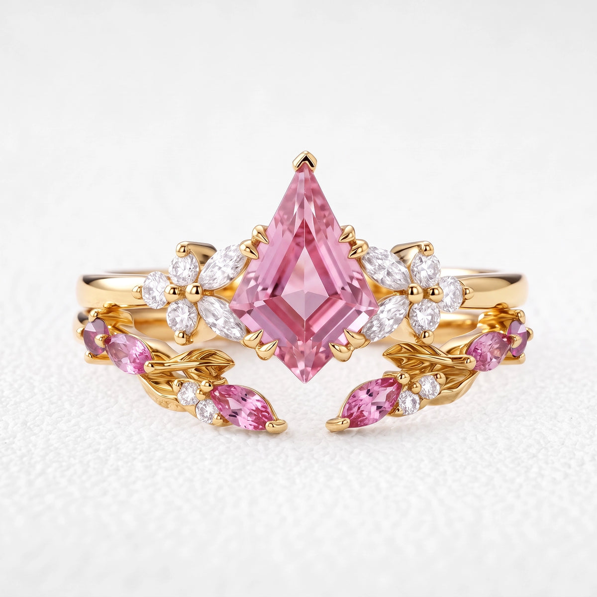 Joséphine’s Camellia | Kite-Cut Pink Sapphire Foliage Bridal Set 2pcs
