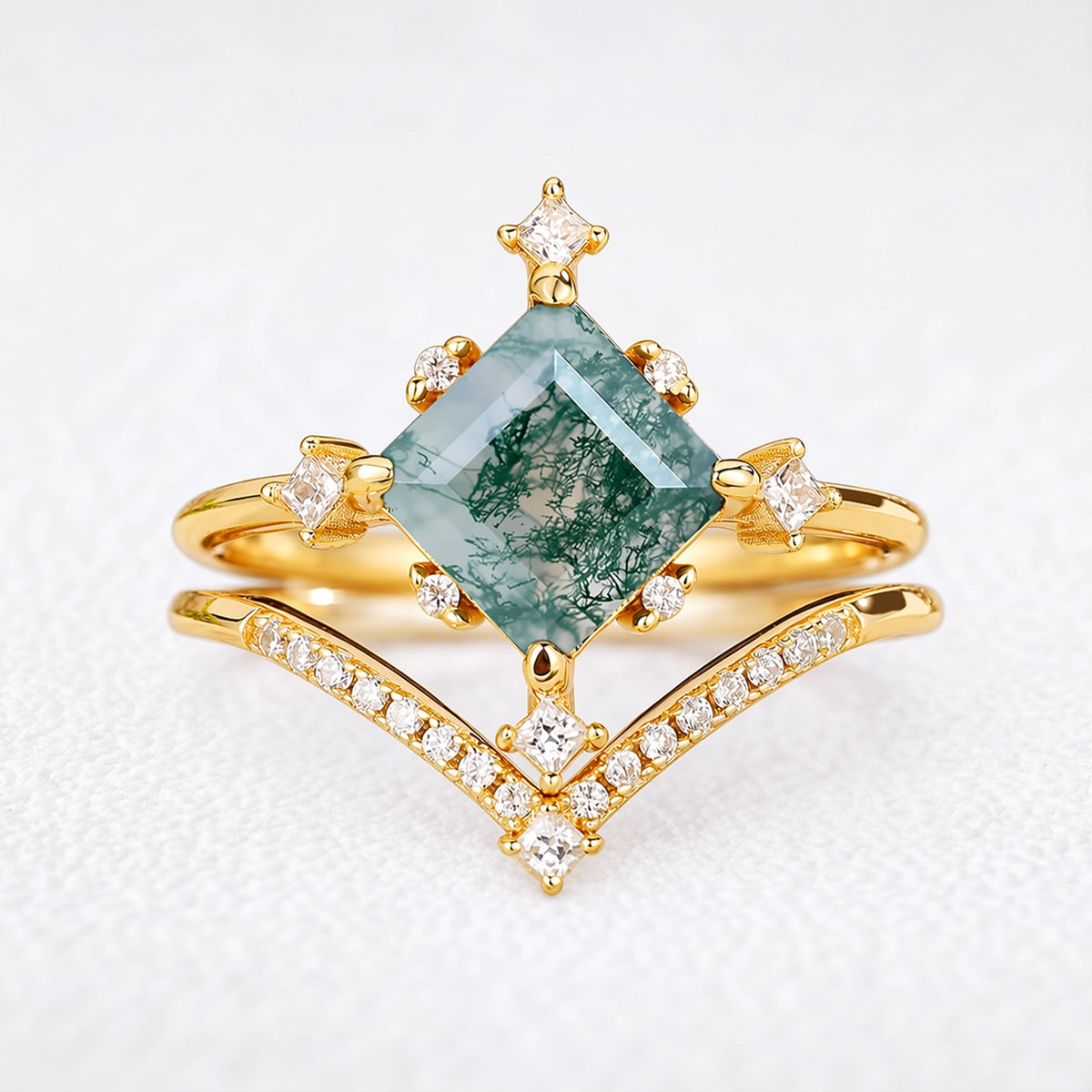 Hazel’s Convergence | Square Cut Moss Agate Chevron Bridal Duo