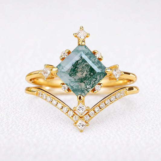Hazel’s Convergence | Square Cut Moss Agate Chevron Bridal Duo
